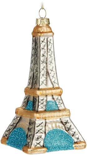 BRUBAKER Eiffelturm - Handbemalte Weihnachtskugel aus Glas - 14 cm Baumkugel Paris Dekoration - Weiß, Gold und Blau - Mundgeblasener Christbaumschmuck - Figur Lustig Deko Anhänger