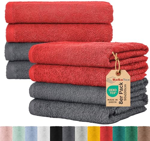 BaSaTex Frottee Handtuch, 8er Pack, 50x100cm, Anthrazit Rubin | 100% Baumwolle, Öko-Tex Made in Green, Aufhängeschlaufe, 400gm², langlebig & saugstark