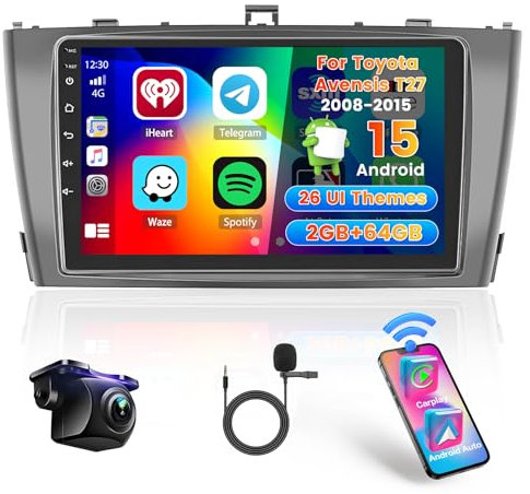 Hikity 2+64G Autoradio Navi Für Toyota Avensis T27 2008-2015 mit Wireless Carplay Android Auto Mirror Link, 9 Zoll Touchscreen Radio Android 15 mit WiFi GPS Bluetooth FM RDS EQ SWC Rückfahrkamera