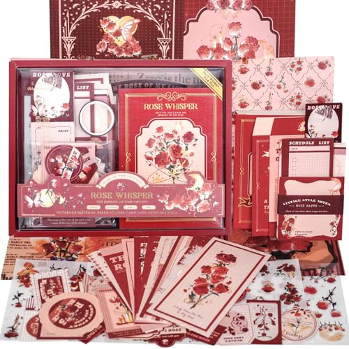 Funto Scrapbooking Set (122 Stück), Vintage-Kollektion - Rosenflüstern, ideal für Bullet-Journal-Materialien, Planer, DIY-Kunst und Collagen