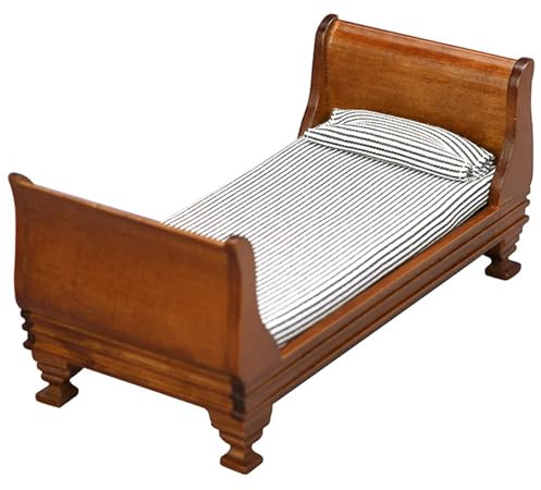 Puppenhausbett, Vintage-Einzelpuppenbett im Maßstab 1:12 mit Matratze und Kissen, 6 x 3 x 3 Zoll große Puppenhausmöbel aus Holz, DIY-freundliche Puppenhausminiaturen, Mini-Puppenhauszubehör für Puppe