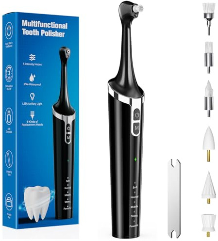 Electric Tooth Polisher, Rechargeable Teeth Cleaning Kit with 6 Cleaning Heads, 5 Speed Modes, LED Light, IPX6 Waterproof, Tooth Cleaner-Plaque Remover for Teeth, for Daily Teeth Cleaning at Home