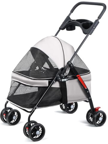 2-in-1 Hundebuggy bis 10kg klappbar – Faltbarer Hundewagen für kleine Hunde & Katzen mit Bollerwagen-Funktion, Aufbewahrungskorb, Getränkehalter und Sonnenschutz