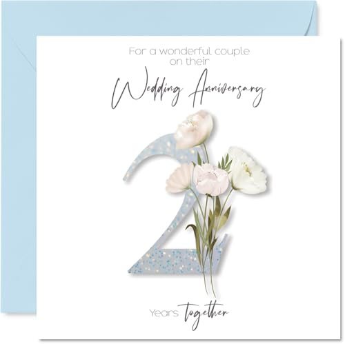 Stuff4 Glückwunschkarte zum 2. Hochzeitstag für Paare, Text innen | Elegantes florales Design, Quadratische Karte mit Umschlag, Hochwertig 145mmx145mm