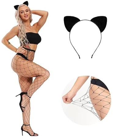 Katzenohren Schwarz Netzstrümpfe Cat Ears Headband Netzstrumpfhose Damen 2 Stück Halloween Kostüm Zubehör