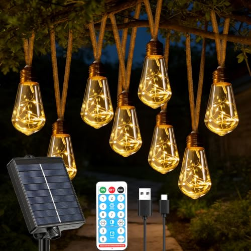 Hopexy Solar Lights Outdoor Garden Light 10m 20 S17 Bulbs Rope Fairy Lights | 10m 20 S17 Shatterproof Bulbs Solar Powered 1800mAh Battery Low Voltage IP45 8 Modes 3 Timer 4 Brightness with Remote Control