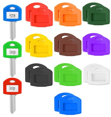 20 Pcs Key Cap Covers & Tag Kit, Colorful Square Key Labels with Cardstock and Clear Film, Plastic Keys Tags for Easy Identification Stretchy Rubbery Fit for Most Keys 10 Colors
