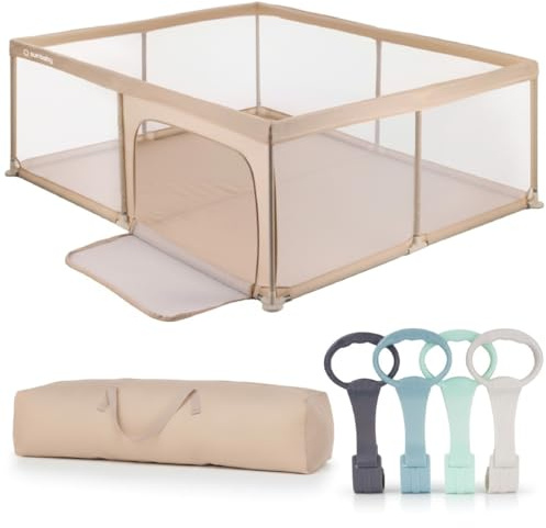 SUN BABY Laufstall 150 x 200 cm mit grünen Griffen - Beige | Netzseiten, Reißverschlusseingang, rutschfeste Füße und Tragetasche