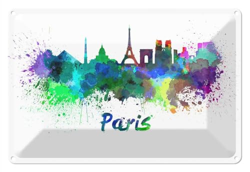 Wallario Blechschild Wandbild aus Metall Städte als Aquarell - Skyline von Paris - 20 x 30 cm in Premium-Qualität: Brillante Farben