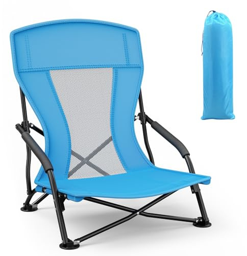 Yigowyigo Strandstuhl Klappbar Leicht, Blau Niedrig Strandstühle Faltbar aus Atmungsaktivem Oxford-Gewebe, Trägt bis 100kg, Tragbarer Campingstuhl mit Tragetasche für Picknick Strand Outdoor Garten