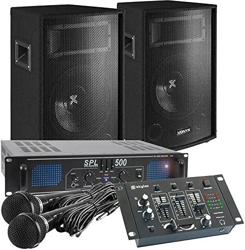 Vonyx Professional 500W - Set de Karaoke con Altavoces de 10, Amplificador, Mezclador y 2 Micrófonos - Sonido Potente y Conexión Universal para Laptop, Tablet y Smartphone