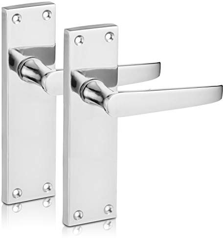 XFORT® Victorian Lever Latch Flat Polished Chrome Door Handles, Long 6 Backplate, Elegant Door Handle Set for Wooden Doors, Classic Straight Design, Ideal for All Types of Internal Doors [1 Pair]