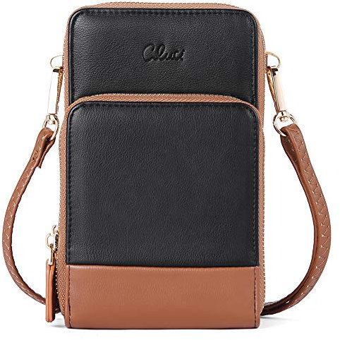 CLUCI Handy Umhängetasche Damen PU Leder Retro Portemonnaie Kleine Geldbörse Damen Schultertasche mit Kartenfächer Schwarz mit Braun