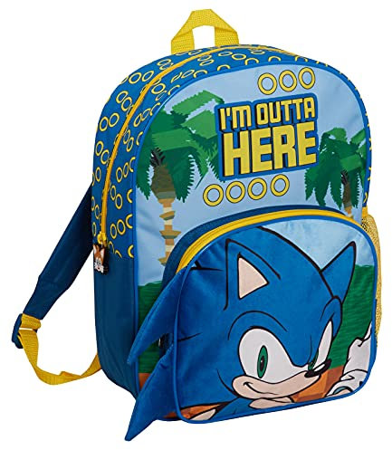 Sonic The Hedgehog Rucksack für Kinder, große Schultasche, Sega, Goldringe, Reiserucksack, Sporttasche mit Getränkehalter, blau, One size