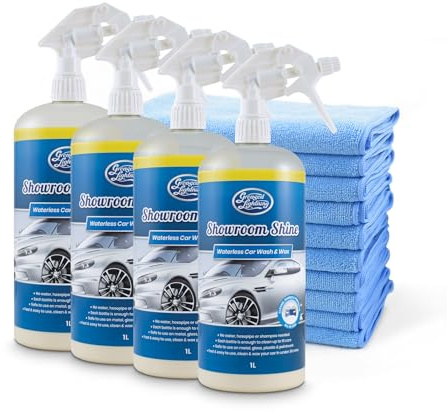 Greased Lightning Showroom Shine 1L 4-Pack + 10 Microfibre Cloths Kit | Complete waterless wash & carnauba wax kit. Cleans, shines & protects with no water. Includes 10 premium microfibre cloths