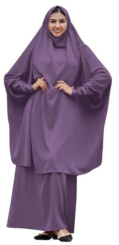 OBEEII Muslimisches Zweiteiliges Gebetskleid für Frauen Abaya Islamischer Dubai Türkei Maxi Abaya mit voller Länge Hijab Kleid Muslimische Kleider Damen Set Dunkelviolett Einheitsgröße