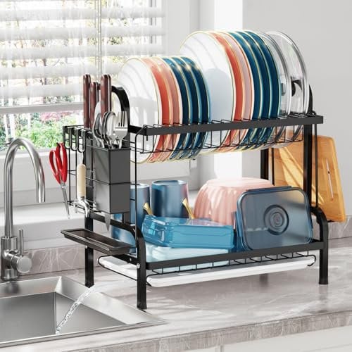 iSPECLE 2 Tier Dish Drainer Rack - Large Capacity Dish Drying Rack with Drip Tray, Dish Rack with Drain Spout, Cutting Board&Utensil Holder, 4 Hooks, Sink Drainer Rack for Kitchen Worktop, Black