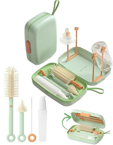 Travel Bottle Cleaner kit, 7in1 Baby Airplane Travel Essentials Silicone Travel Bottle Brush Set with Nipple, Drying Rack, Straw, & Breast Pump, Soap Dispenser & Organizer Case, Gift for Mom (Blue)