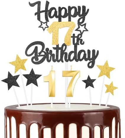 Black Gold 17th Happy Birthday Candles Cake Toppers Set, Number 17 Candle for Cake, Gold Candles for Women Men Birthday Decorations, Star Cake Toppers for Girls Boys Birthday Party Wedding Anniversary