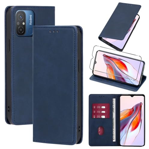 Vauki Hülle Leder für Xiaomi Redmi 12C Handyhülle mit 1 Schutzfolie, Standfunktion Kartenfach Wallet Schutzhülle Flip Case Cover Stoßfeste Klapphülle für Xiaomi Redmi 12C 6.71,Blau