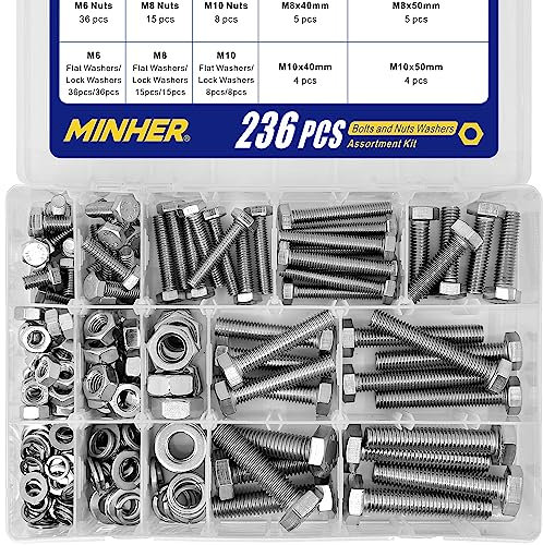 M6 M8 M10 236 Stück 304 Edelstahl Sechskantschrauben Bolzen und Muttern Unterlegscheiben set, Maschinenschrauben schrauben 10-50mm