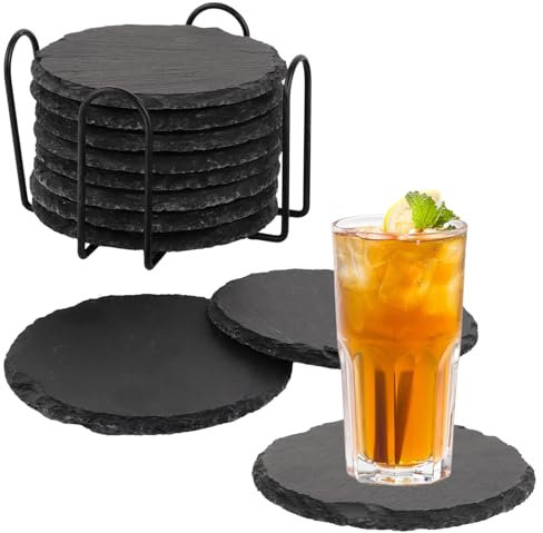 SHUESS Lot de 12 dessous de verre ronds en ardoise avec support, 10 x 10 cm - Ardoise noire avec dessous résistant aux rayures - Pour bar, cuisine, décoration d'intérieur