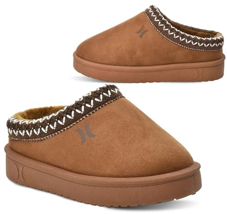 Hurley Kids Modi Slippers – Indoors and Outdoors Shoes, Boys and Girls Slip On Slippers, Durable - Slip On Clogs with Faux Fur Fleece Lining - Warm Winter House, Chestnut
