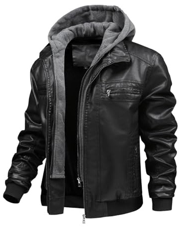 FTIMILD Men's Leather Jacket Motorcycle Jacket Windproof PU Vintage Bomber Jacket with Removable Hood