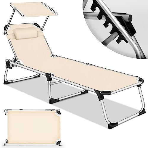 tillvex® Sonnenliege mit Dach und Kopfkissen | Gartenliege Liegestuhl klappbar | Strandliege mit Verstellbarer Rückenlehne | Aluminium Liege (Beige, Liege (Basic))