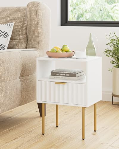 Apetaccat Nachttisch, Holz Nachttisch mit Goldrahmen, Weiß Nachtkästchen Möbel, Nachtschrank Beistelltisch mit Schublade und Regal für Schlafzimmer, Wohnzimmer