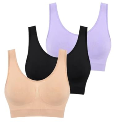 Boolavard 3-teiliges Set Nahtlose BHS für Damen Bügelloser Büstenhalter Crop Top Weiche Sport-Tank-BHS Damen Dessous Weste (DE/NL/SE/PL, Alphanumerisch, XL, Regular, Regular, Beige Schwarz Lila)