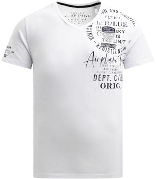 Camp David Herren T-Shirt V-Neck mit Used Prints und Patches Opticwhite, XXL