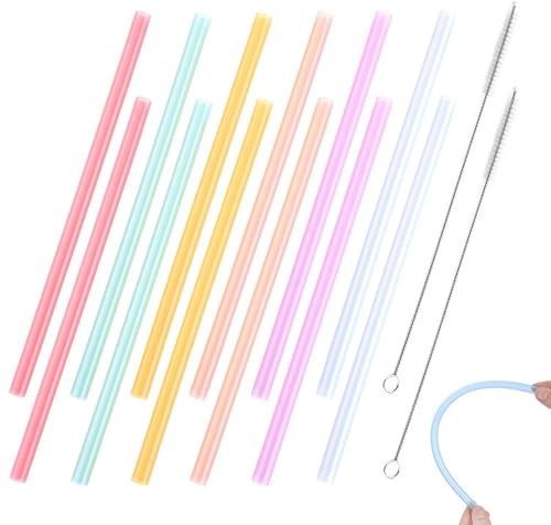 Reusable Silicone Straws with 2 Cleaning Brush, 12Pcs Soft Flexible Straw Colourful Drinking Straws Drinking Straw for Children & Elderly, 6mm Inner Diameter