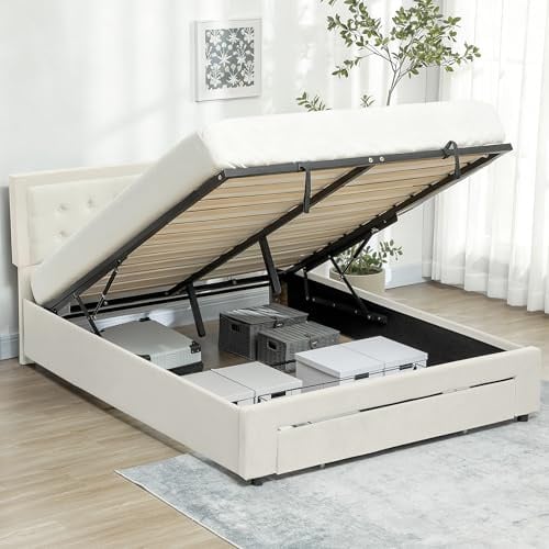 HOMCOM Double Ottoman Bed Frame, 4ft6 Gas Lift Storage Bed with 2-Level Adjustable Velvet Upholstered Headboard, Wheeled Drawer and Wooden Slats, No Mattress, Cream White