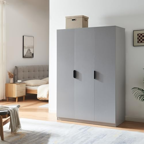[en.casa] Kleiderschrank Eiselfing Schrank mit 3 Türen Garderobenschrank 176 x 120 x 52 cm Schlafzimmerschrank 1 Kleiderstange 4 Fächer Grau
