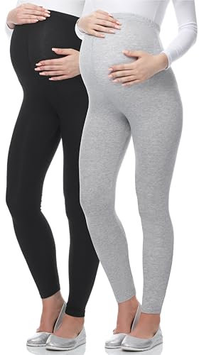 Be Mammy Lange Umstandsleggings aus Viskose Leggings Blickdicht Damen, Maternity Clothing, Ideal für die Schwangerschaft BE-02 2er Pack (Schwarz/Melange, XXL)