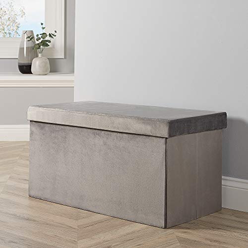 Home Source Large Folding Ottoman Velvet Fabric Storage Chest, Grey, Rectangle