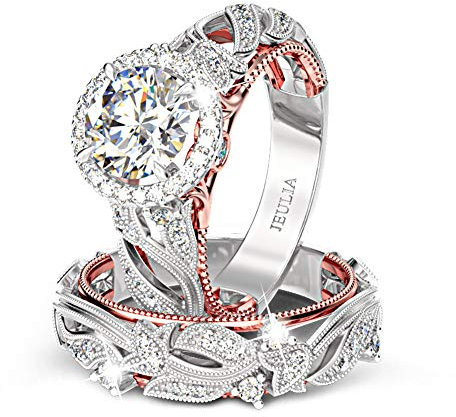 Jeulia 4 Karat Damen Ring 925 Sterling Silber Hochzeitssets Rose gold Rundschliff Halo Verlobungsring Weiß Diamantband CZ Solitaire ​Jahrestag Verlobungsring (56（17.7）, Rose)