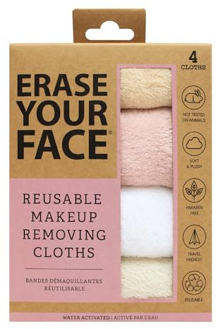 ERASE YOUR FACE Face Reusable Makeup Removing Cloths With Friendly Packaging By Danielle Enterprises 4 Pack D50007, ECO, 1 Count