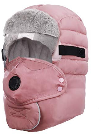 MengH-SHOP Trappermütze Bomber Hut Wintermütze mit Ohrenklappen Winddichtes Maske Brille Hält Warm Fliegermütze für Skifahren Skaten Klettern Rosa