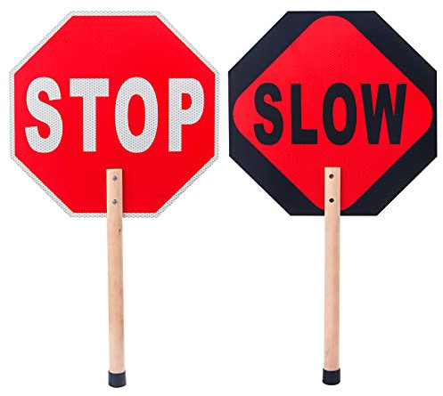 Enjoyist Stop Slow Schild, 33 x 33 cm, reflektierendes Aluminiumschild mit 35,6 cm Holzgriff