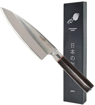 Totiko Cuchillo de cocina profesional japonés, cuchillo profesional de acero, hoja de 18,5 cm, Deba para zurdos, mango de madera tratada, cuchillo de pescado - Sakai Japan Knives