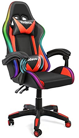 Todeco Gaming Silla Masaje con Luz LED Gamer Silla PC Oficina Silla Ordenador ergonómica Inclinación y Altura Ajustable Giratorio 360º con Reposacabezas y Almohadilla Lumbar De Masaje, Rojo