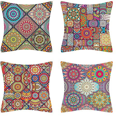 DakTou 4er Set Boho Leinen Kissenbezug Mandala Muster Dekorative Kissenbezüge Bohemian Sofa Kissen 45x45cm Quadratischer Kissenhülle für Auto Büro Buchladen Schlafzimmer Patio Bauernhaus Garten