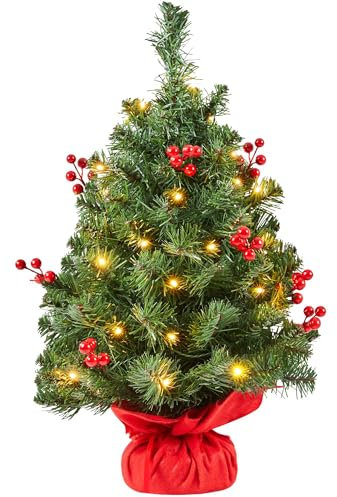 Yaheetech 2ft/60cm Prelit Tabletop Mini Christmas Tree with LED Warm Toned Lights Portable Holiday Decoration Artificial Tree with Red Berries 1Pack