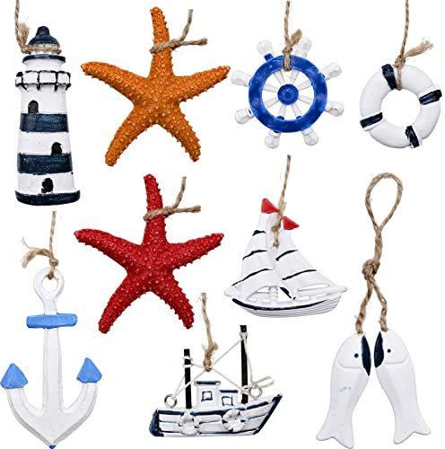 YHSWIN 9 Stück Maritimes Dekorations Set, Nautische Hängende Dekoration Mini Strand Ornament, Segelboote Fische Rettungsring Seeanker Ruder Seesterne Leuchttürme Boote für Haus Wand Deko, Blau