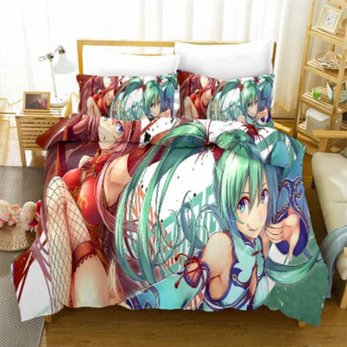 YuZong Hatsune Miku Bettwäsche aus weichem Polyester dreiteilig Anime-Bettbezug Kissenbezug Anime-Figuren Cartoon-Kinder Kinder Teenager Erwachsene