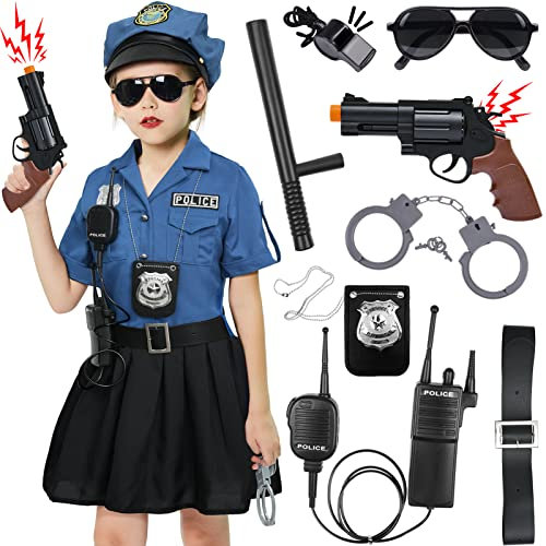Disfraz de Policia Niña con Accesorios Policía Chaleco Falda Placa Policia Cinturon Walkie Talkie Policía Juguete Kit para Niños Niñas Halloween Fiesta Carnaval