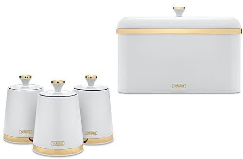 Tower Cavaletto Kitchen Storage Set of 4. Matching Bread Bin & 3 Tea, Coffee & Sugar Canisters in Optic White with Brushed Champagne Gold Accents