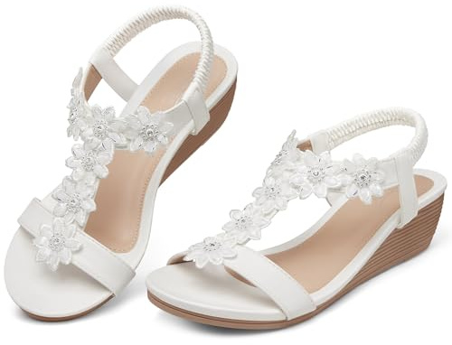 SHIBEVER Wedge Sandals for Women Dressy: White Summer Platform Wedding Dress Sandals - Comfortable Casual Low Wedges Womens Sandal Size 6